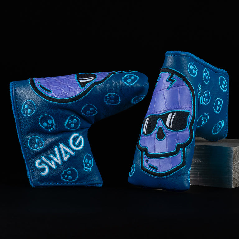 Don't Give A Putt blue genuine leather and alligator blade putter golf head cover made in the USA.