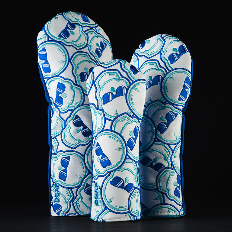 Don't Give A Putt white and blue golf head cover set of driver, fairway, and hybrid.