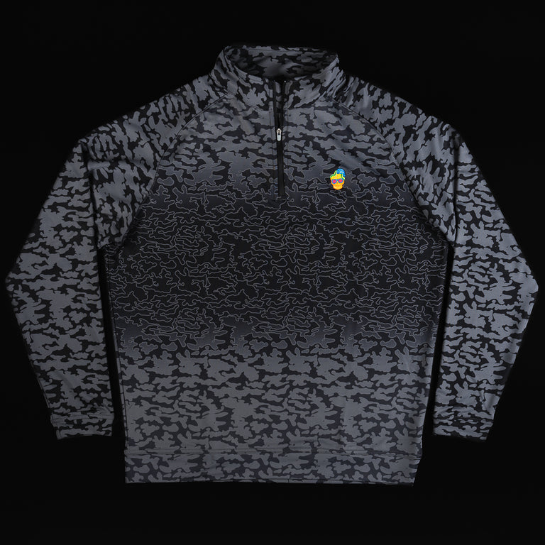 Men's black camo Peter Millar long sleeve quarter zip pullover with a radioactive peach design on left chest.