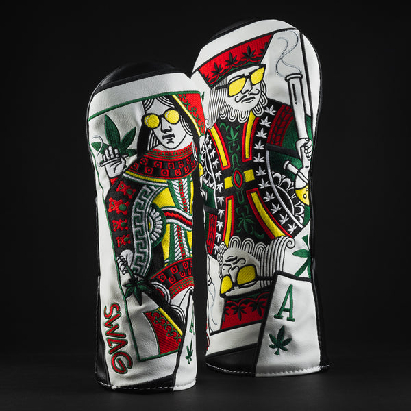 Rasta royal highness king and queen wood golf club head cover set made in the USA.