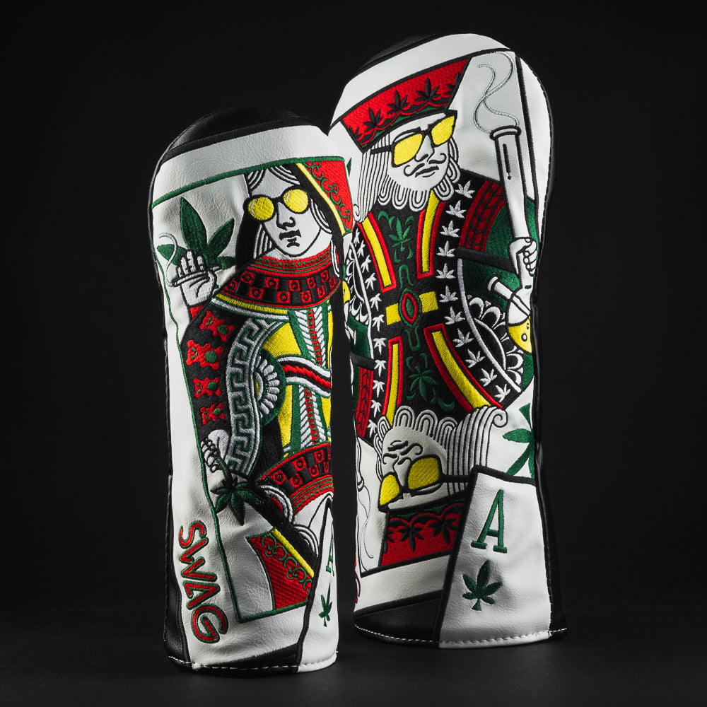 Rasta royal highness king and queen wood golf club head cover set made in the USA.