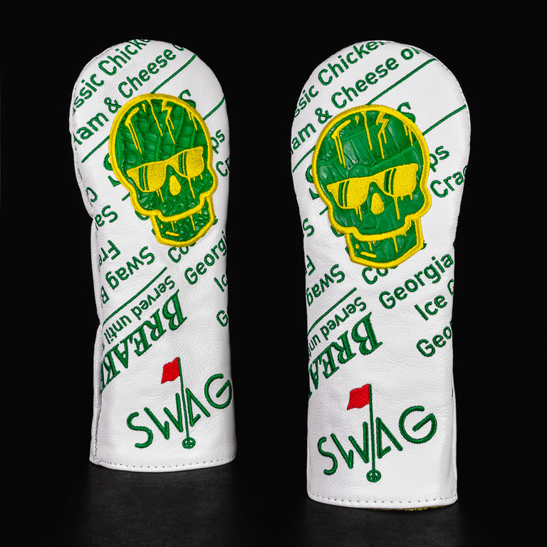 Real deal leather and alligator white and green fairway golf club head cover made in the USA.