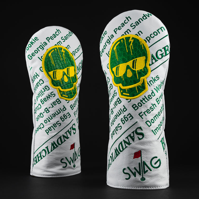 Real deal leather and alligator white and green driver golf club head cover made in the USA.