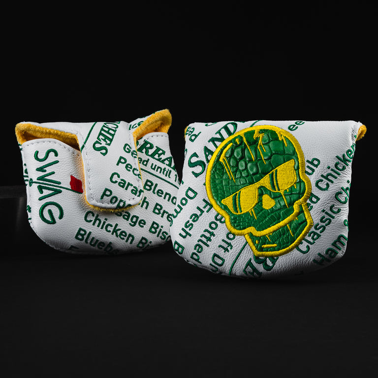 Real deal leather and alligator white and green mallet putter golf club head cover made in the USA.